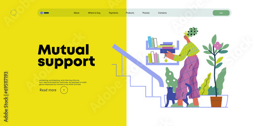 Mutual Support: Book Swap -modern flat vector concept illustration of a woman leaving books on a shelf in hallway for neighbors A metaphor of voluntary, collaborative exchanges of resource, services