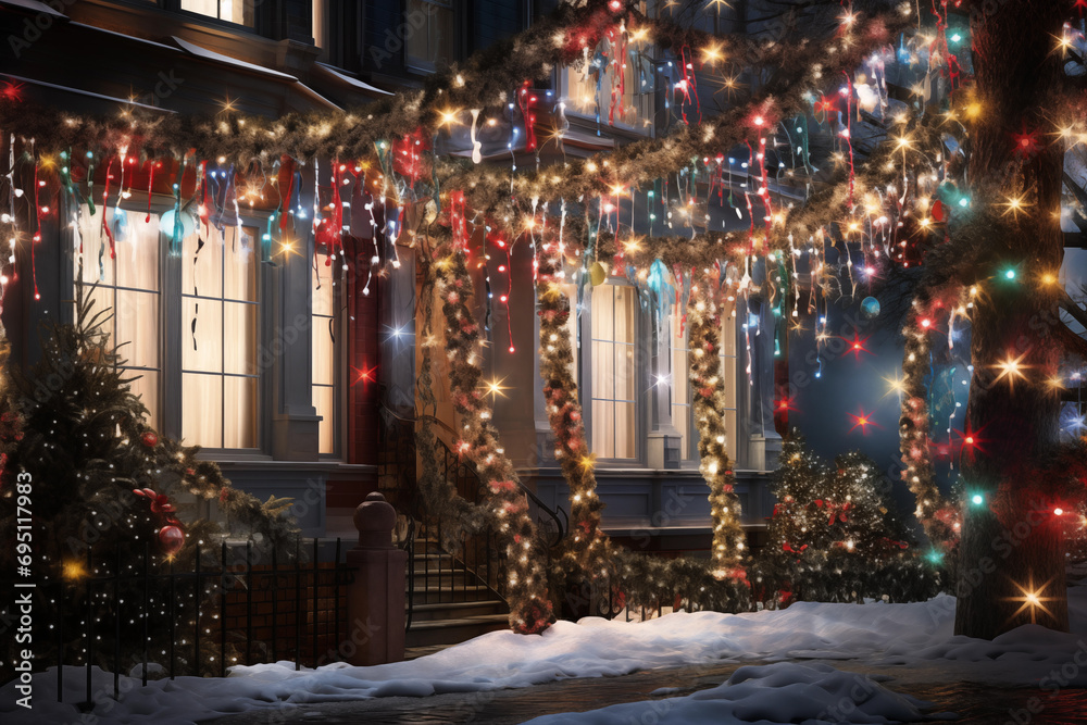 Beautifully Decorated Christmas Themed House on A Winter Evening.
