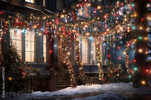Beautifully Decorated Christmas Themed House on A Winter Evening.