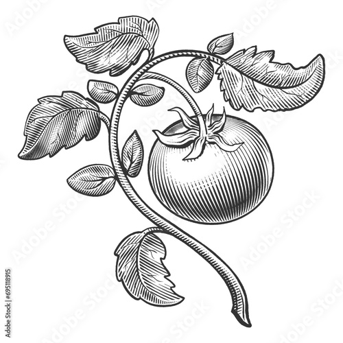 Tomato branch with leaves hand drawn engraving style vector illustration. Scratch board style imitation. Black and white hand drawn image.