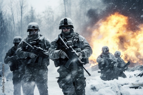 Group of infantry soldiers in uniforms walking over snow covered landscape, Military conflict or war concept