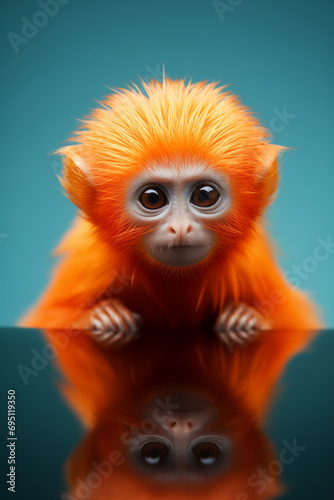 Сreative portrait of a funny orange monkey and its reflection on the surface of the water.
