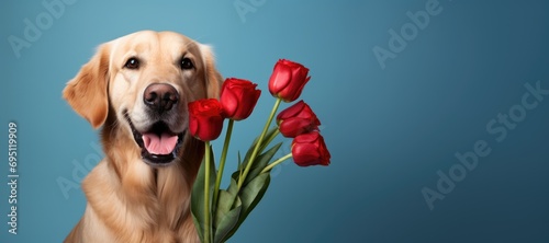 Cute dog with tulip flower on valentines day on background photo