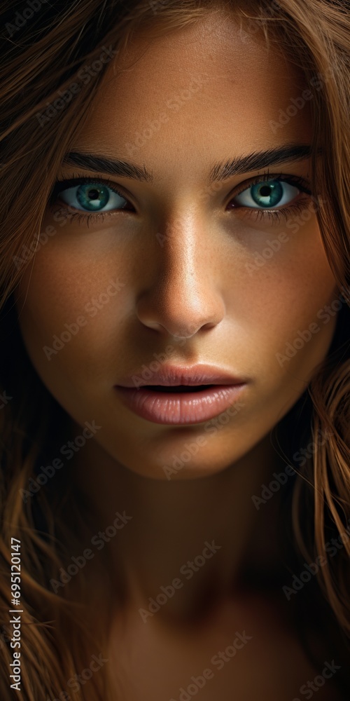 Close-up portrait of a beautiful woman with blue eyes.
