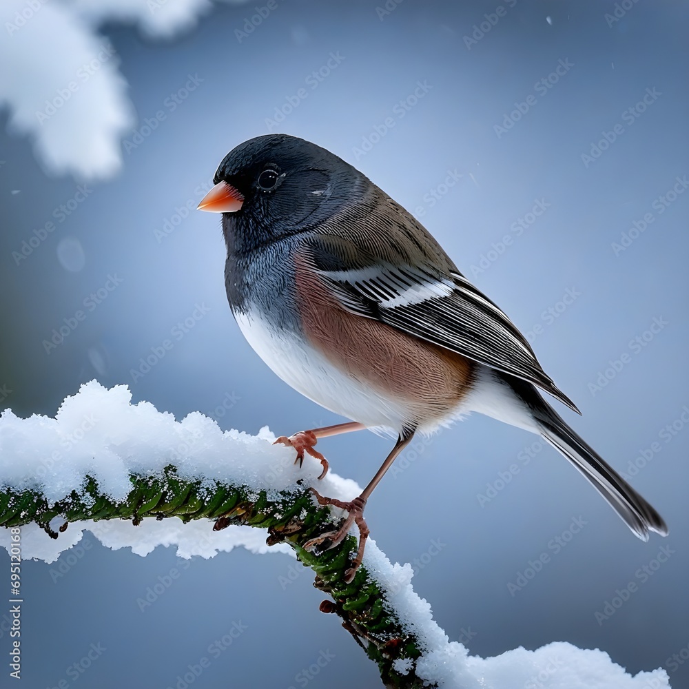 Fototapeta premium Dark-eyed junco perching on tree branch covered with snow