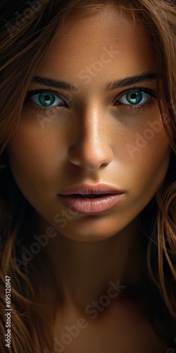Close-up portrait of a beautiful woman with blue eyes.