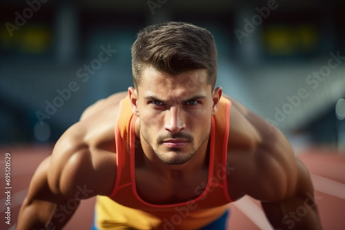 Portrait of a focused male athlete at the start of a race