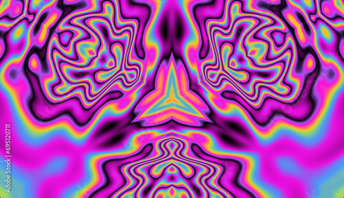 Vibrant kaleidoscopic geometric hypnotic background in neon psychedelic acidic hues.