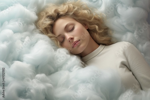 Cute young beautiful woman sleeping on a cloud. Portrait with selective focus and copy space for text