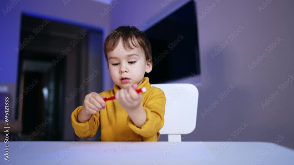 Beautiful Caucasian child sitting at desk. Baby boy dealing with a felt pen and pen cap. Low angle view. Beautiful Caucasian child sitting at desk. Baby boy dealing with a felt pen and pen cap. Low angle view.
