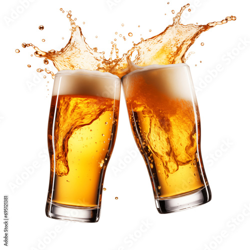Two Flying Beer Glasses with Beer Foam in a Transparent Background.