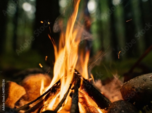 Campfire in the forest background. Summer camp on vacation.