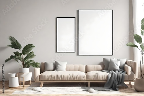 Single vertical ISO A0 frame mockup, reflective glass, mockup poster on the wall of living room. Interior mockup. Apartment background. Modern Japandi interior design. 3D rende photo