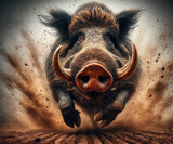 angry boar running furiously, trail of sand in the air, motion blur