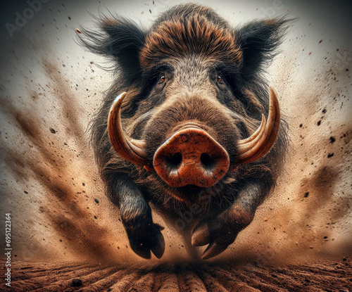 angry boar running furiously, trail of sand in the air, motion blur photo