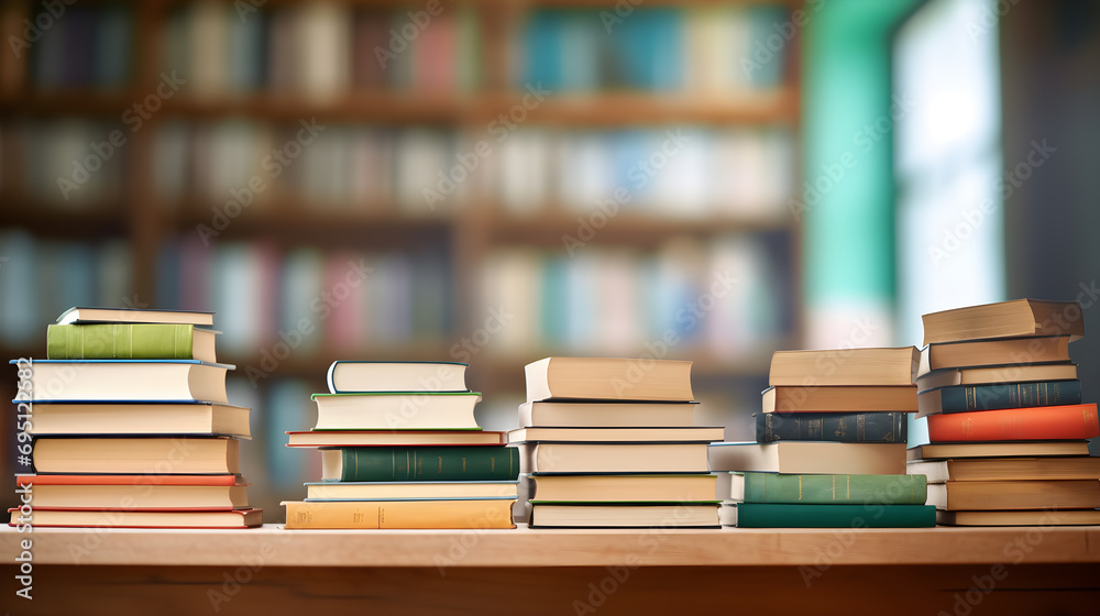 Book stack on wood desk and blurred bookshelf in the library room. World book day, Education learning and back to school concept.