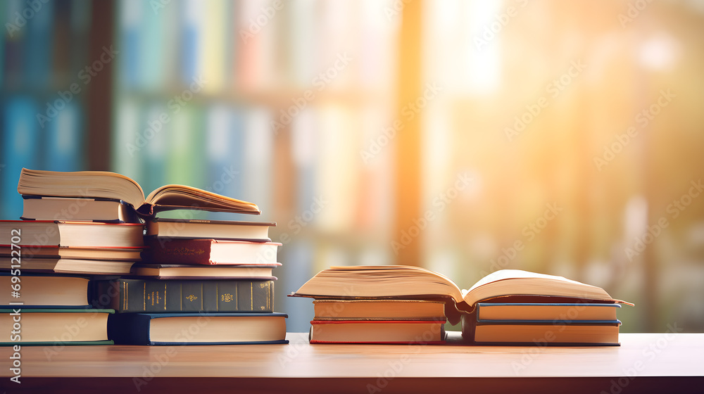 Book stack and opened book on wood desk and blurred bookshelf in the library room. World book day, Education learning and back to school concept. Book stack and opened book on wood desk and blurred bookshelf in the library room. World book day, Education learning and back to school concept.