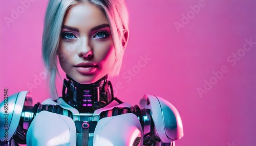 Portrait beautiful blonde robot with artificial intelligence. Text space. Pink background. 