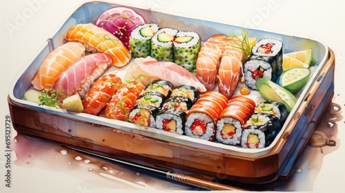 close-up view of a variety of sushi rolls, including salmon, tuna, and avocado maki photo