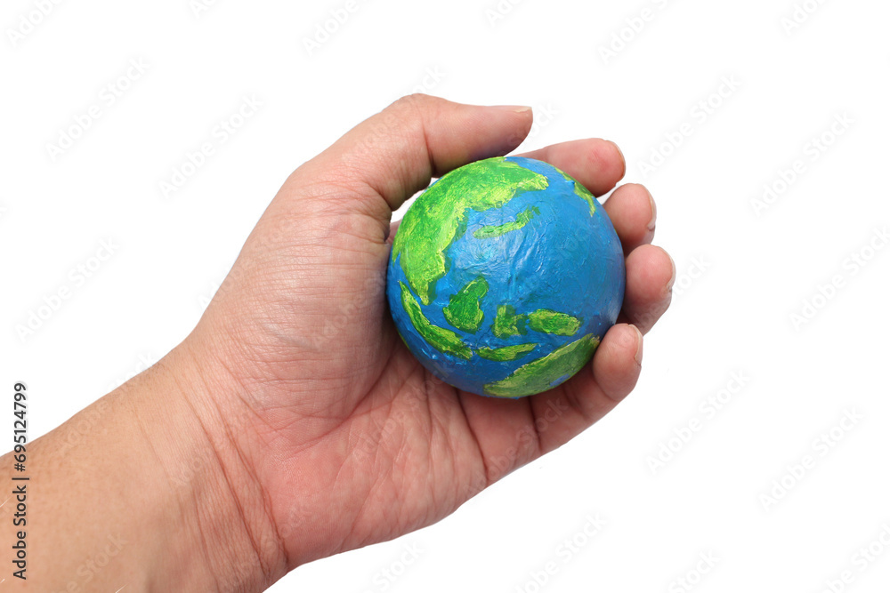 Painted planet earth globe hold in hand, cut out isolated Painted planet earth globe hold in hand, cut out isolated