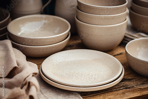eco friendly handmade ceramic tableware, clay plates, cutlery and table setting, minimalism and ceramics tableware