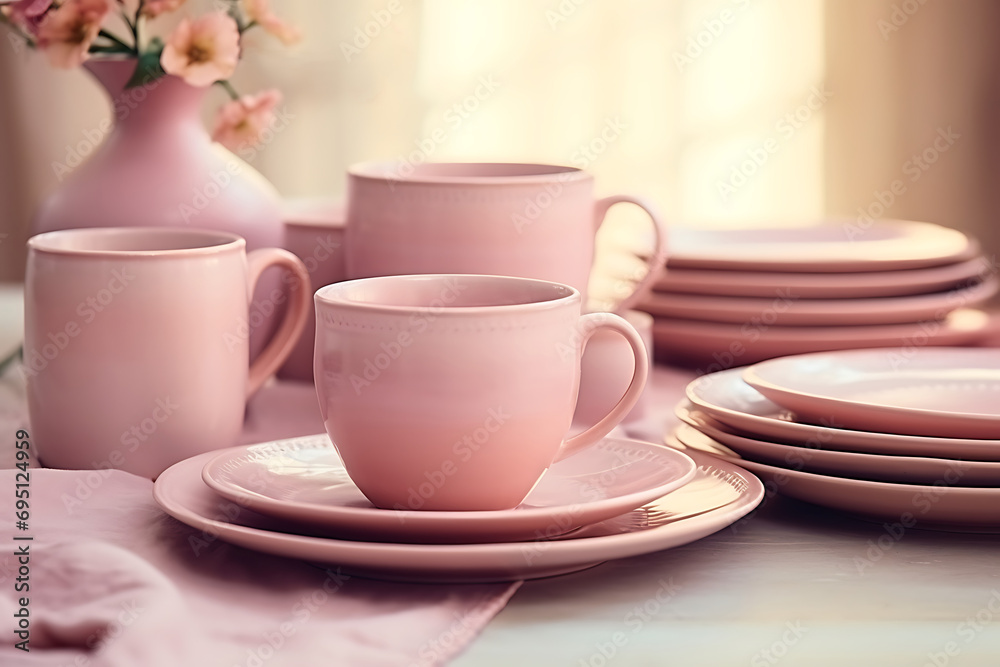 eco friendly handmade ceramic tableware, clay plates, cutlery and table setting, minimalism and ceramics tableware