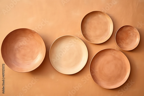 eco friendly handmade ceramic tableware top view on peach fuzz background, clay empty plate flat lay, cutlery and table setting, minimalism and ceramics tableware