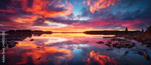 fiery sky ablaze with streaks of orange, pink, and purple descends upon a mirror-like lake