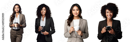 Set of Portrait of young business woman happy smiling and standing holding a coffee cup, isolated on white background, png photo