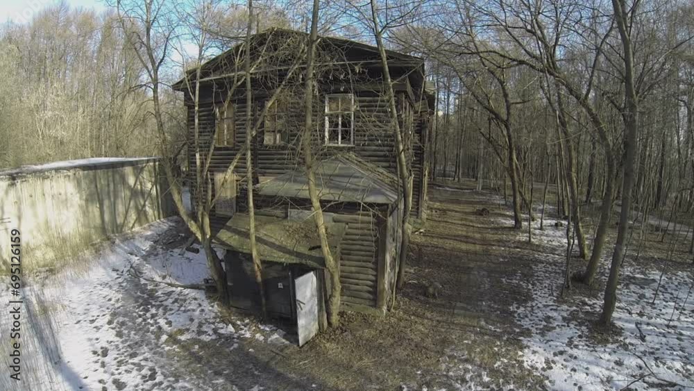 Old wooden house among trees in spring forest at sunny day.