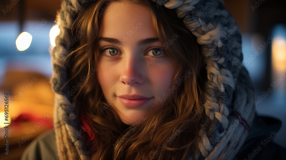 a girl wrapped in a warm blanket, sipping hot cocoa by a roaring fire after a day of snowboarding in the mountains. a girl wrapped in a warm blanket, sipping hot cocoa by a roaring fire after a day of snowboarding in the mountains.