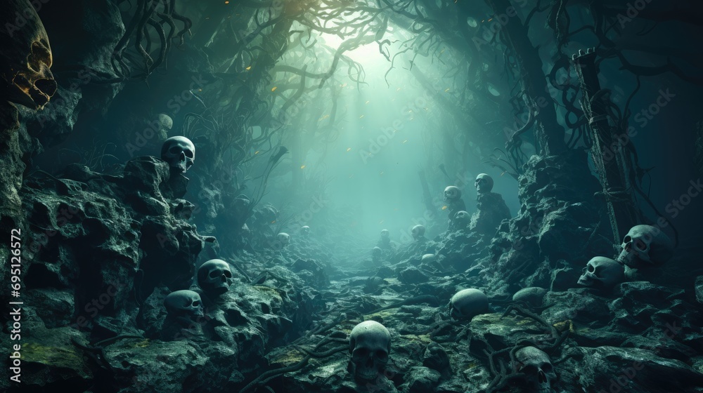 photorealistic painting of a dark forest with skulls scattered among the rocks and roots of towering trees