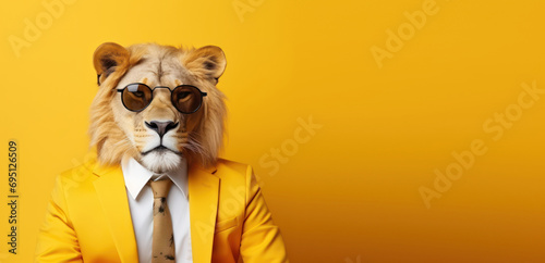 Portrait of a lion in a business suit on a yellow background photo
