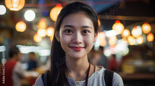a Thai teenager taking in the vibrant and colorful atmosphere of a local Thai night market, their excitement and curiosity shining through. 