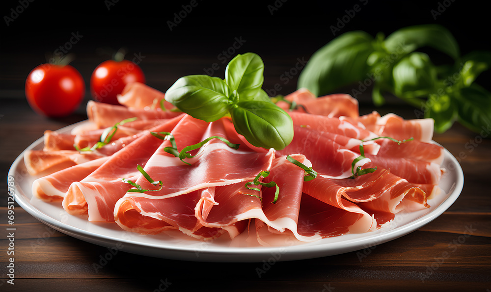 A delectable display of thinly sliced prosciutto on a plate, garnished with a basil on a wooden table.