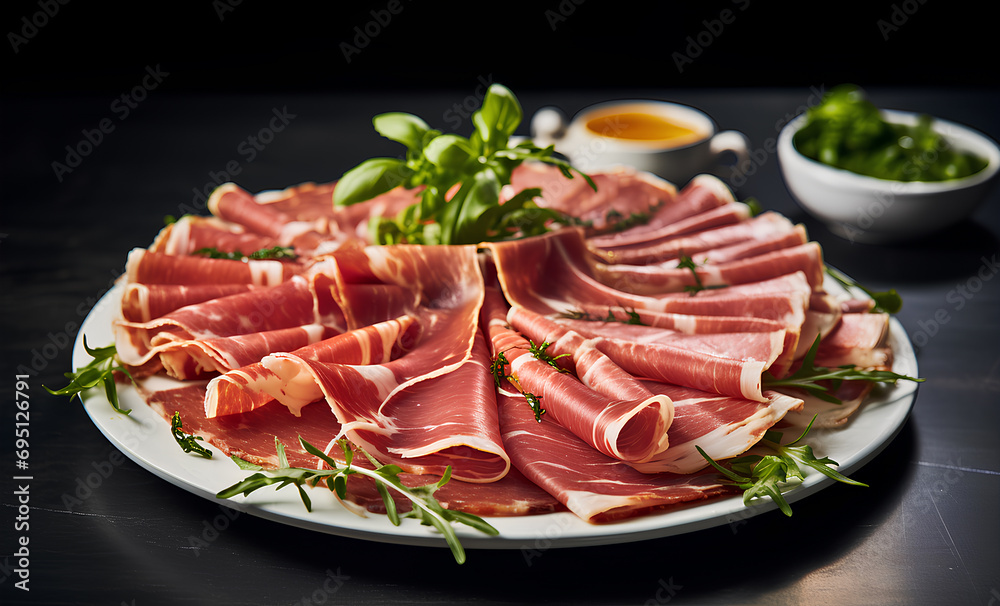 A delectable display of thinly sliced prosciutto on a plate, garnished with a basil on a wooden table. A delectable display of thinly sliced prosciutto on a plate, garnished with a basil on a wooden table.