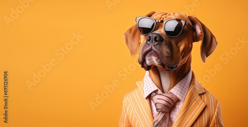 dog Dressed As Businessman isloated on yellow background. Place for text