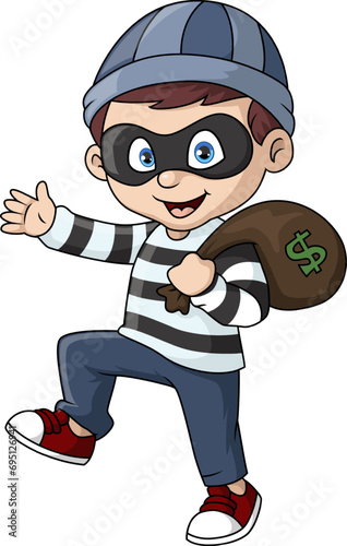 Cute thief cartoon carrying a bag