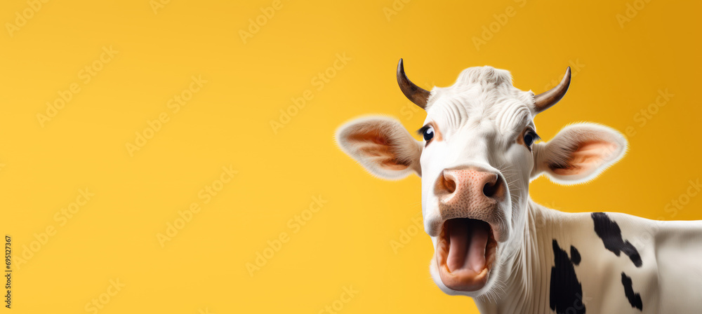 surprised cow with open mouth isolated on yellow background, copy space