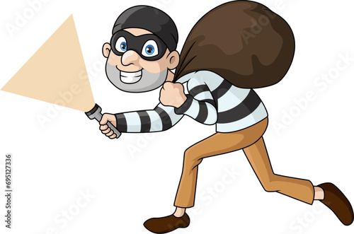 Cute thief cartoon walking and carrying a bag with flashlight