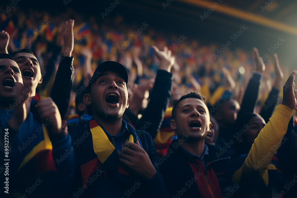 Obraz na płótnie Romanian fans cheering on their team from the stands	
 w salonie