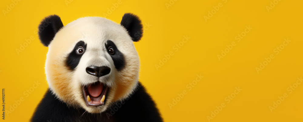 Naklejka premium surprised panda bear with open mouth isolated on yellow background, copy space