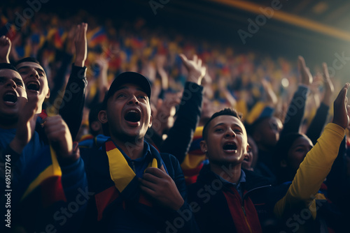 Romanian fans cheering on their team from the stands	
 photo
