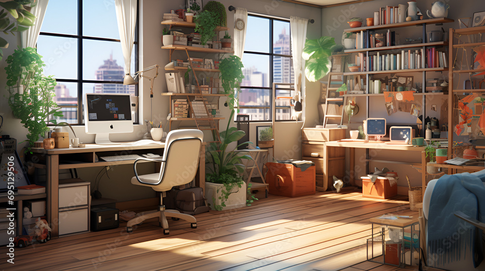 Lofi living room with study table, anime style Stock Illustration ...