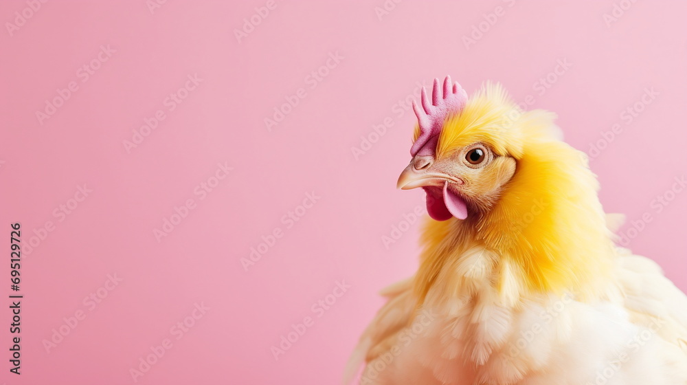 Obraz premium Close up shot of a white and yellow Hen on a pink background. Studio portrait of a Chicken with copy space for text. Farm Animal, Easter and Advertisement concept