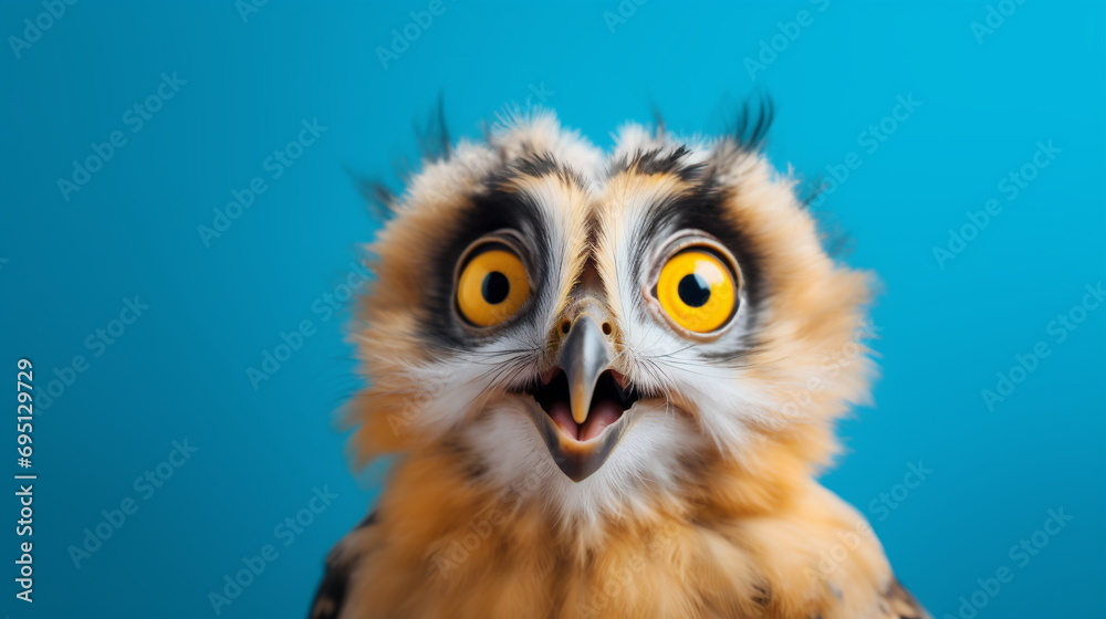 Fototapeta premium Close up shot of a Surprised Owl on a blue background. Studio portrait of an Owl chick against a blue backdrop with copy space for text. Education, Wild Animal and Advertisement concept