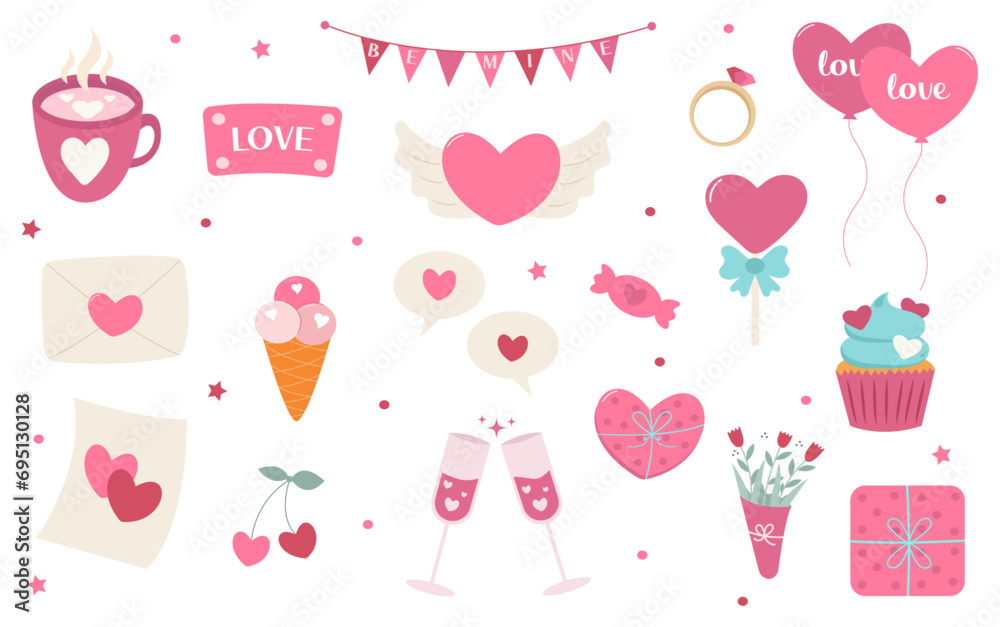Set of Valentine’s day elements. Flowers, hearts, gifts, balloons, candy, etc. Collection of decorative elements. Hand-drawn stickers. Vector illustration.