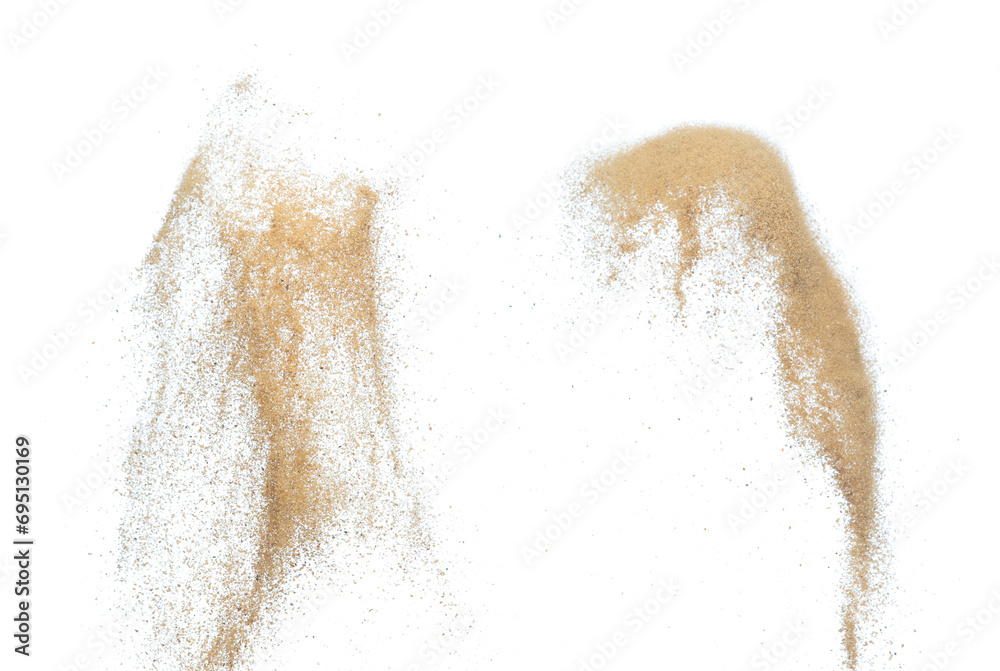 Sand flying explosion, Golden sand wave explode. Abstract sands cloud fly. Yellow colored sand splash throwing in Air. White background Isolated high speed shutter, throwing freeze stop motion