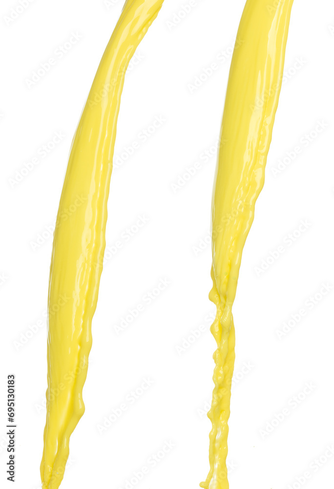 Fototapeta premium Banana juice flying fall down, yellow banana chopped slice juice wave explode. Yellow paint color splash throwing in Air. White background Isolated high speed shutter, throwing freeze stop motion