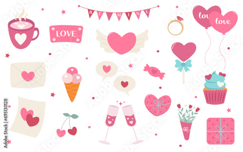 Set of Valentine’s day elements. Flowers, hearts, gifts, balloons, candy, etc. Collection of decorative elements. Hand-drawn stickers. Vector illustration.